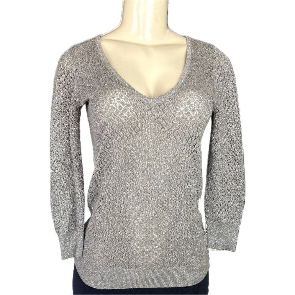 The Limited XS Gray Metallic V-Neck Open Weave Ribbed Trim 3/4 Sleeve Sweater - Picture 2 of 6